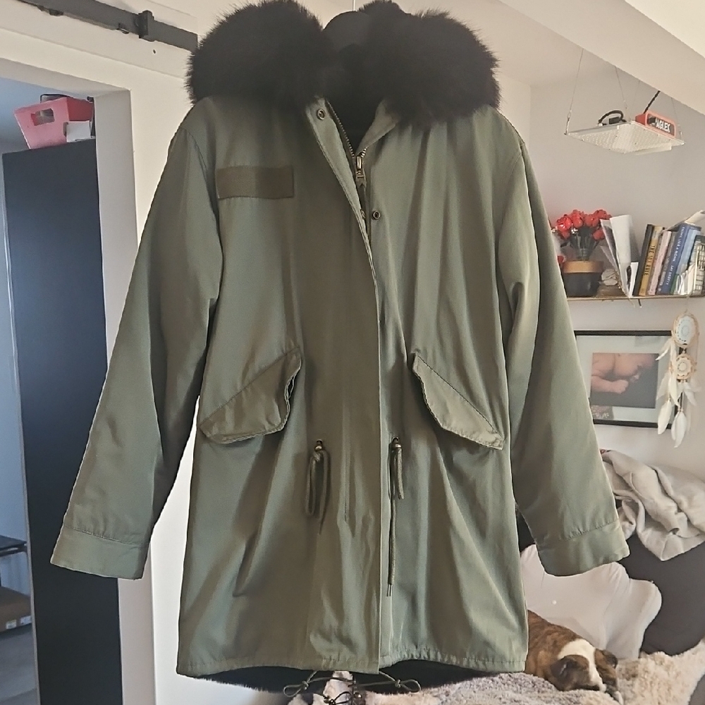 Olive Green Parka Coat with Black Fur Collar